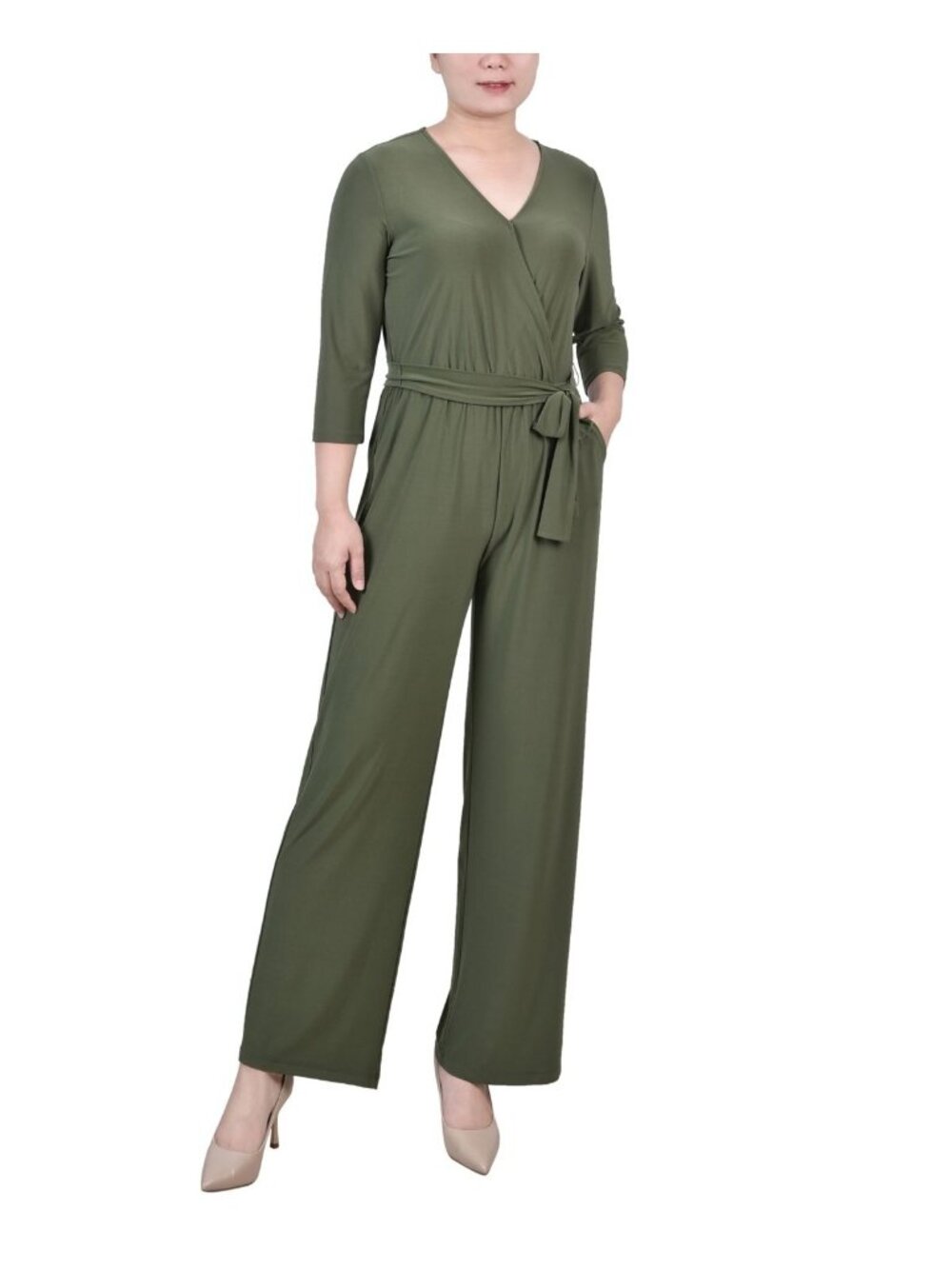 NY Collection Womens Petite 3/4 Sleeve Belted Jumpsuit Oil Green Size M NWT